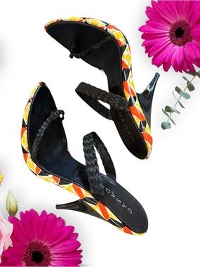 Casadei Colorful Retro Braided-Strap Heels with Orange and Yellow Floral Trim
